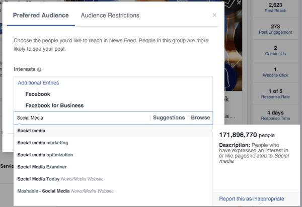 оптимизация аудитории facebook предпочтительные интересы аудитории