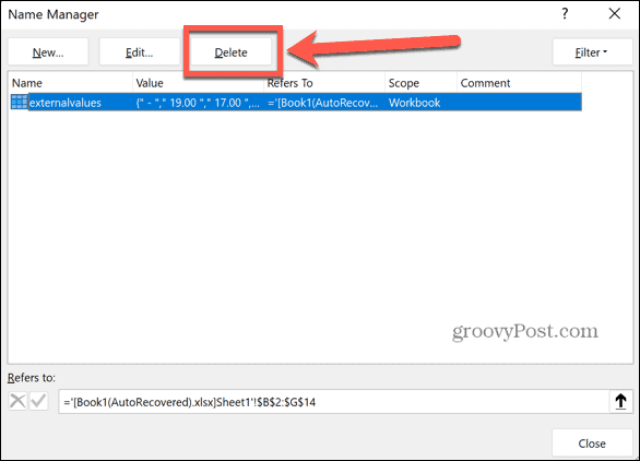 excel удалить именованный диапазон