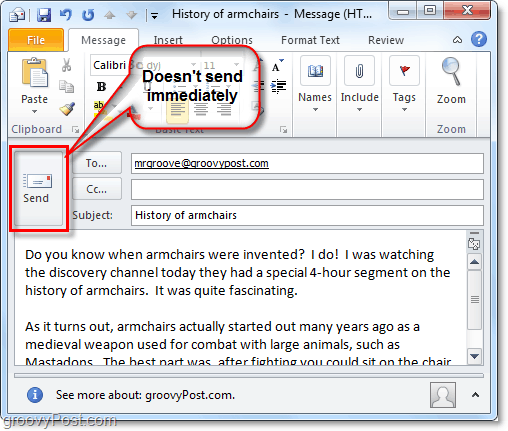 отправка электронного письма в Outlook 2010 не означает, что оно доставлено немедленно
