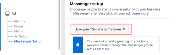 Facebook Click to Messenger Ads, шаг 2.