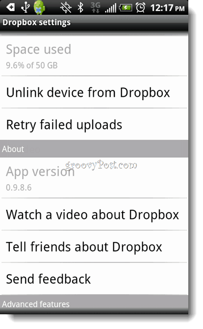 Удаление Android Dropbox