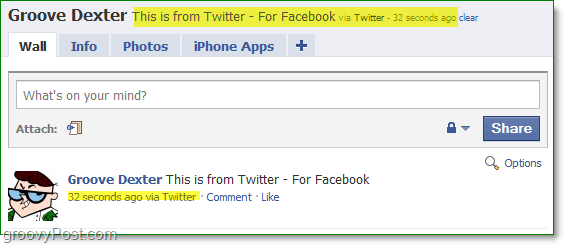Посмотрите на профиль Facebook, где статус был обновлен с помощью Twitter