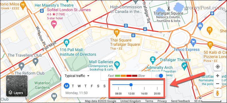 Google Maps отображает типичное время пробок