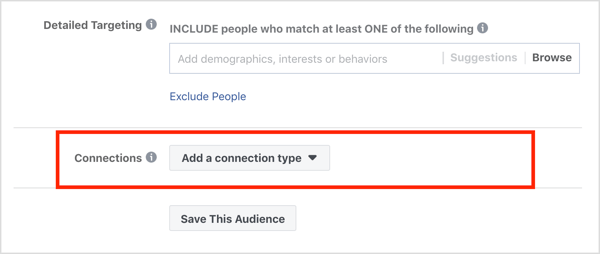 Раздел Connections в разделе Audiences рекламной кампании Facebook.