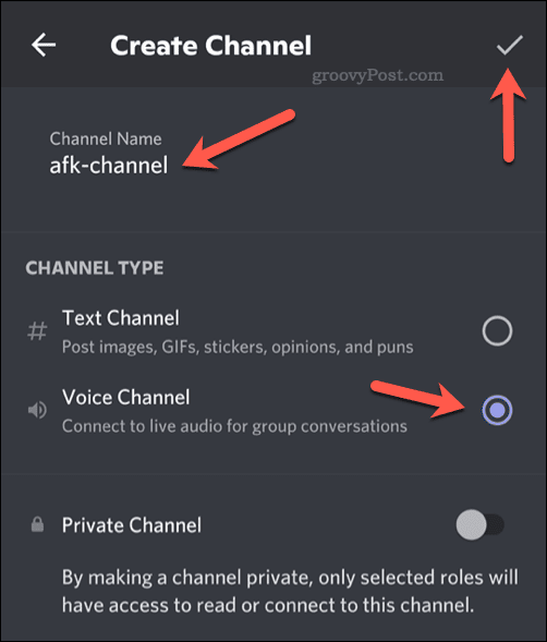 Настройка параметров нового голосового канала в Discord