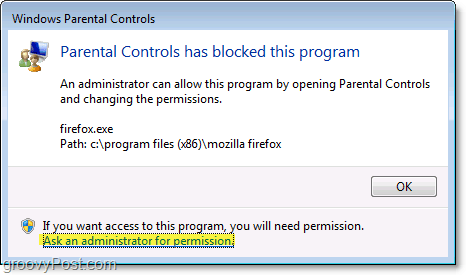 всплывающее окно будет отображаться в Windows 7, когда политика родительского контроля блокирует его