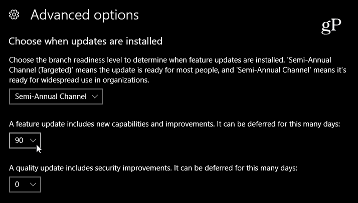Выберите задержку обновления функции Windows 10