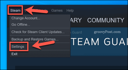 Параметр настроек Steam в клиенте Windows 10