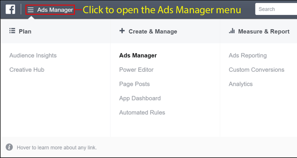 После создания учетной записи откройте меню Facebook Ads Manager.