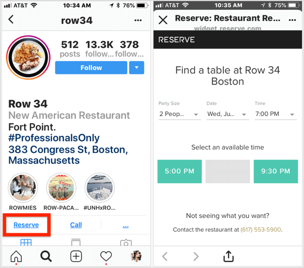 Нажмите кнопку «Забронировать» в бизнес-профиле этого ресторана в Instagram, чтобы сделать заказ. 