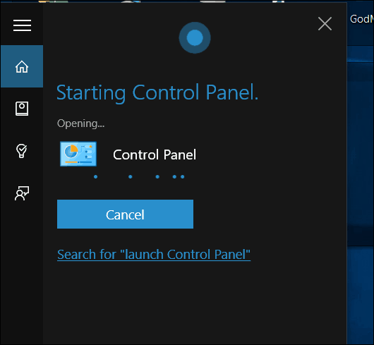 Панель управления Windows 10 Cortana Open