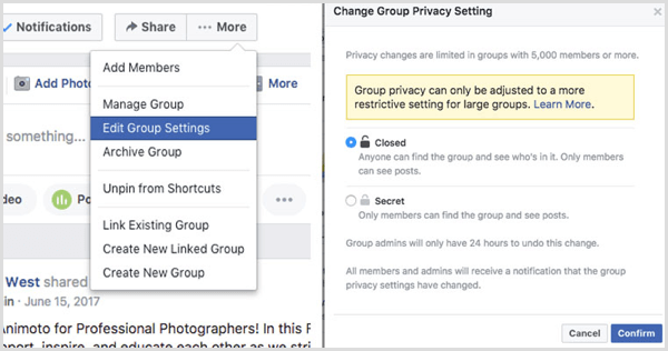 Группа Facebook меняет настройки конфиденциальности