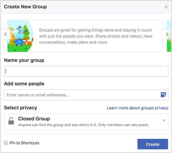 Facebook создать новую группу