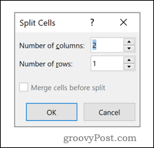 Меню параметров Word Split Cells