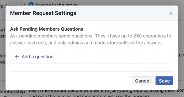 Как улучшить сообщество группы Facebook, пример настроек запроса участников группы Facebook, позволяющих задавать вопросы новым участникам