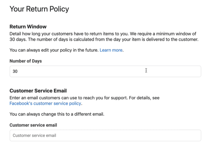 пример скриншота с политикой возврата магазина facebook и адресом электронной почты службы поддержки, который может быть доступен