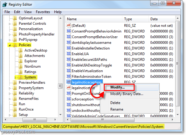 измените legalnoticecaption для создания сообщения запуска Windows 7