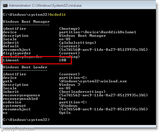 Скриншот Windows 7 - проверка настроек bcdedit