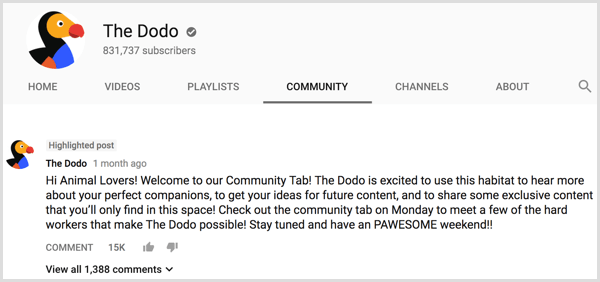 Вступительное сообщение о вкладке сообщества на канале YouTube