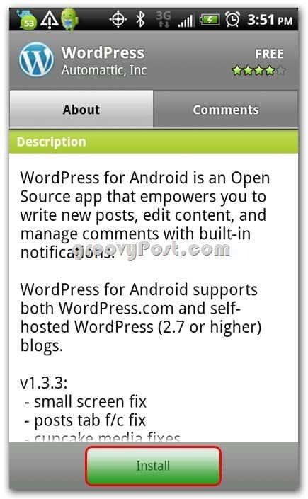 Wordpress на экране установки Android