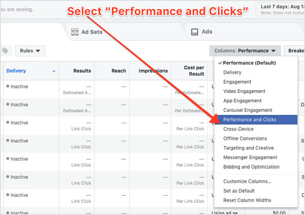 Выберите «Эффективность и клики» в раскрывающемся меню «Столбцы» в Facebook Ads Manager.