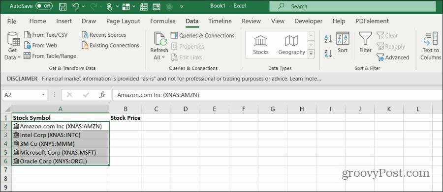биржевые символы в Excel