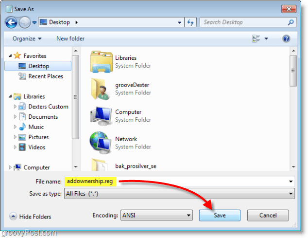 Скриншот Windows 7 - сохранить как addownership.reg