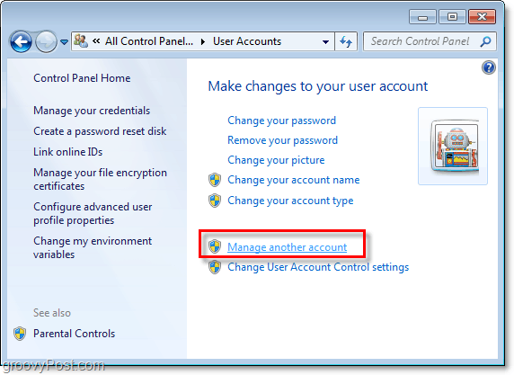 нажмите управлять другой учетной записью на странице учетной записи пользователя Windows 7