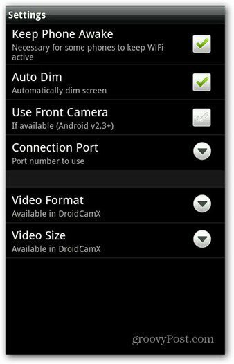 Настройки Android-приложения DroidCam