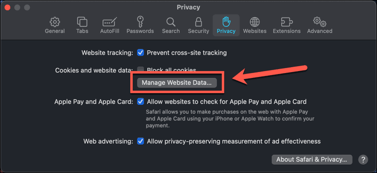 Mac Safari управлять данными