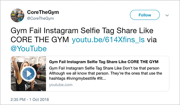 Это скриншот твита @CoreTheGym. В твите говорится: «Gym Fail INstagram Selfie Tag Share Like CORE THE GYM» и есть ссылка на видео на YouTube. Описание видео: «Не будь таким. Хотя мы все знаем этого человека. Это они используют хэштеги #livingmybestlife ». Ссылка на видео - youtu.be/614Xfins_ls.