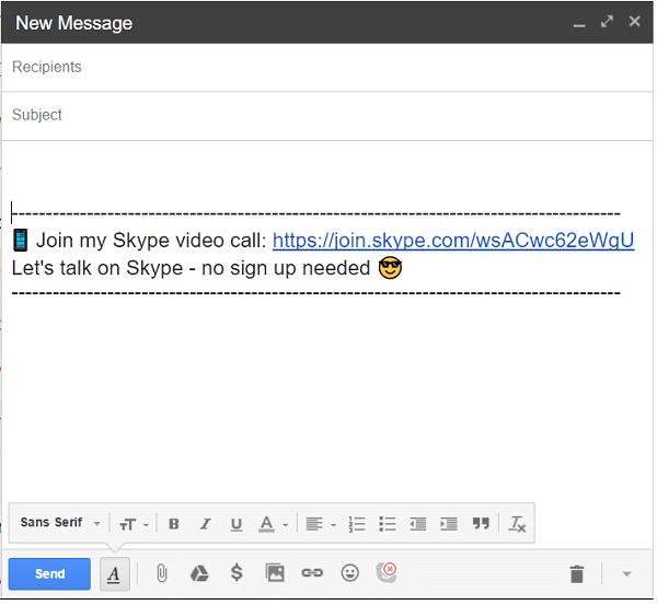 Щелкните значок Skype в нижней части письма, чтобы добавить ссылку для звонка.