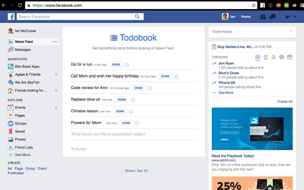 Todobook блокирует вашу ленту новостей на Facebook, пока вы не решите свои задачи на день.