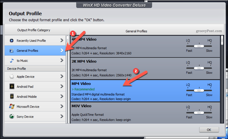 Выбор профиля вывода MP4 в WinX