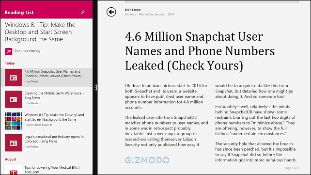 Приложение для чтения списков Windows 8.1 собирает статьи для последующего чтения