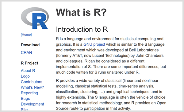 Создавайте собственные инструменты прогнозной аналитики с помощью языка программирования R. Снимок экрана с вводной веб-страницей R. 
