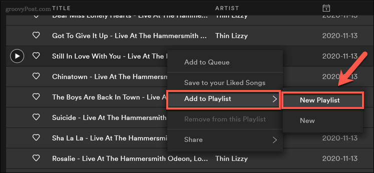 Сохранение песен Spotify в новый плейлист