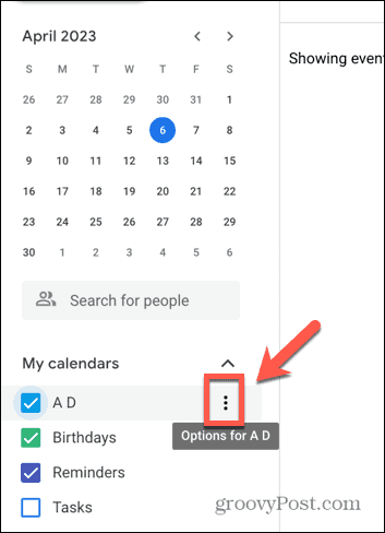 Скриншот значка с тремя точками Календаря Google