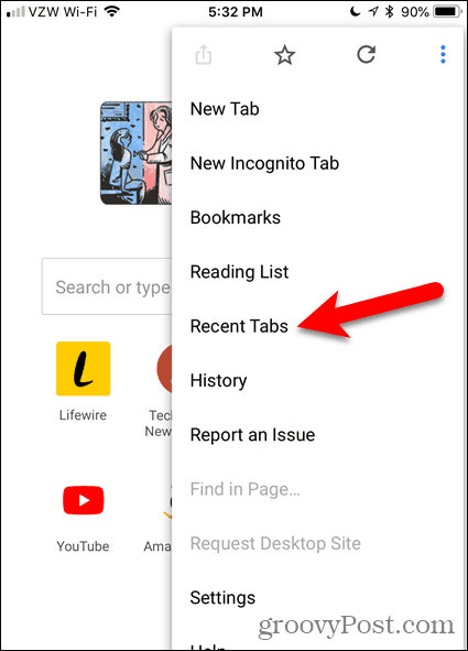 Нажмите «Последние вкладки» в Chrome для iOS