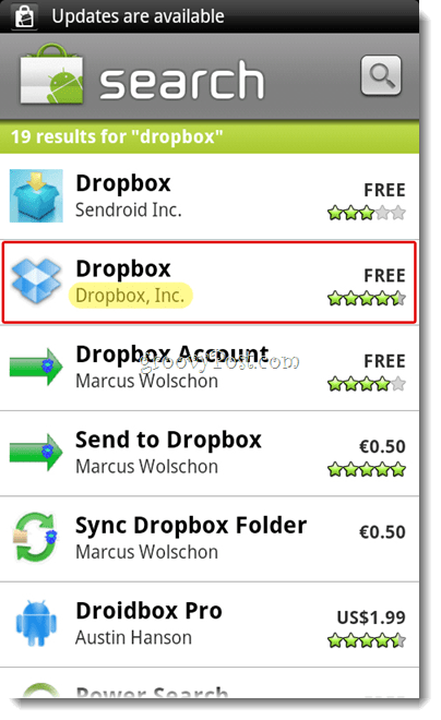 Меню поиска Android Dropbox