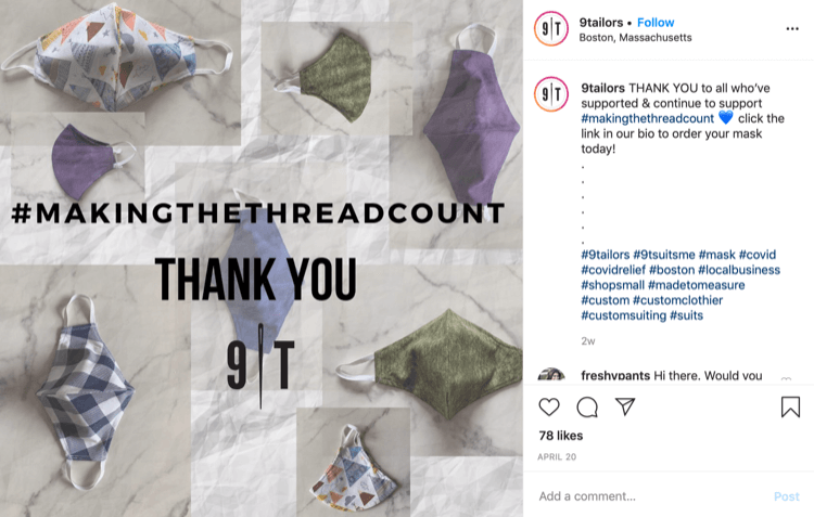 Пост 9Tailor в Instagram о продажах масок
