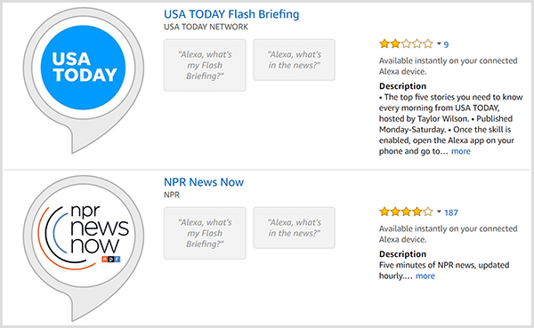В списках брифингов Alexa flash есть серый речевой пузырь с круглым логотипом производителя, например USA TODAY или NPR. Объявления также включают рейтинг и описание.