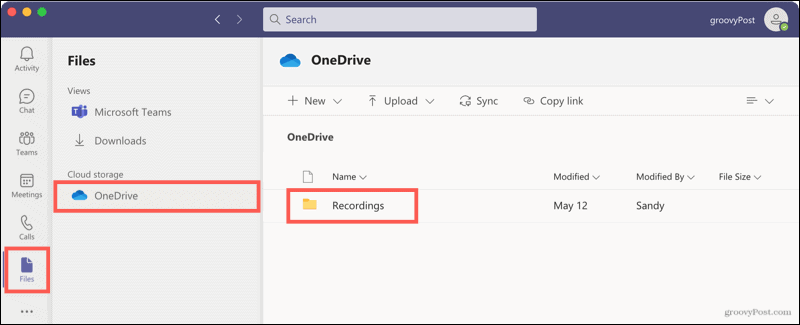 Файлы, OneDrive, записи в командах