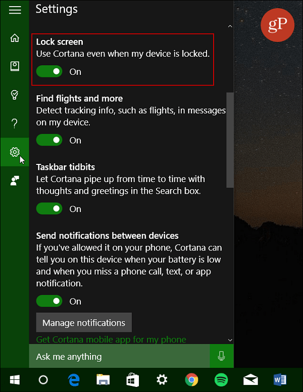 Включите экран блокировки Cortana Windows 10