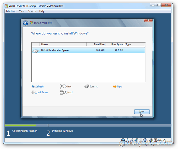 VirtualBox Windows 8 выбирает диск для установки