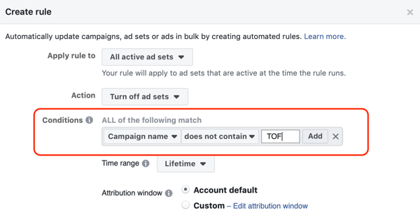 Используйте автоматические правила Facebook, остановите показ рекламы, когда ROAS упадет ниже минимума, шаг 2, установите условия