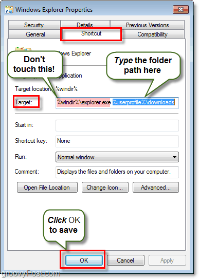 Изменить папку Windows Explorer по умолчанию