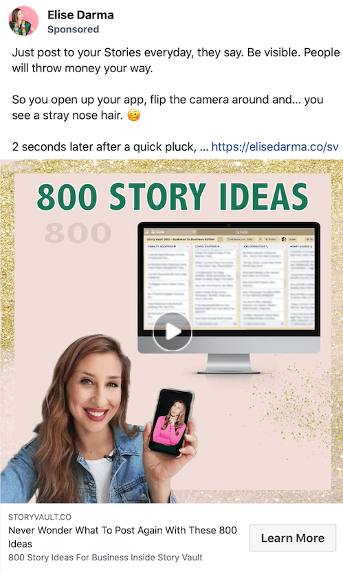 Пример скриншота спонсируемого сообщения elise darma, продвигающего 800 идей для историй