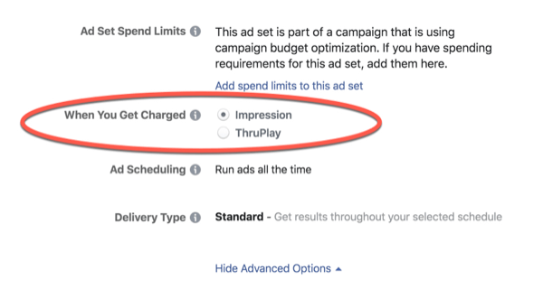 Плата за оптимизацию через Facebook ThruPlay.