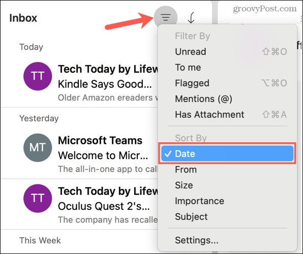 Сортировать по дате в Outlook на Mac